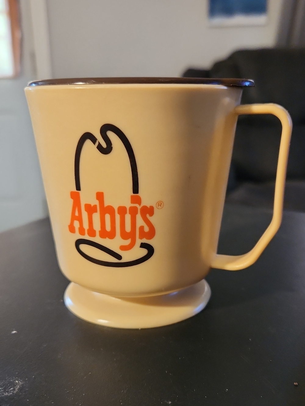 Branded Beige Ceramic Mug with Brown Rim